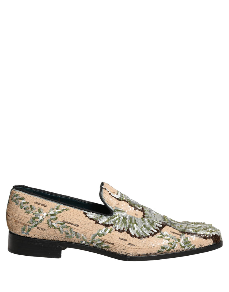 Dolce & Gabbana Beige Sequin Embroidery Dress Loafers