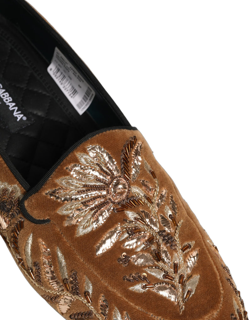 Dolce & Gabbana Brown Velvet Floral Embroidery Loafers