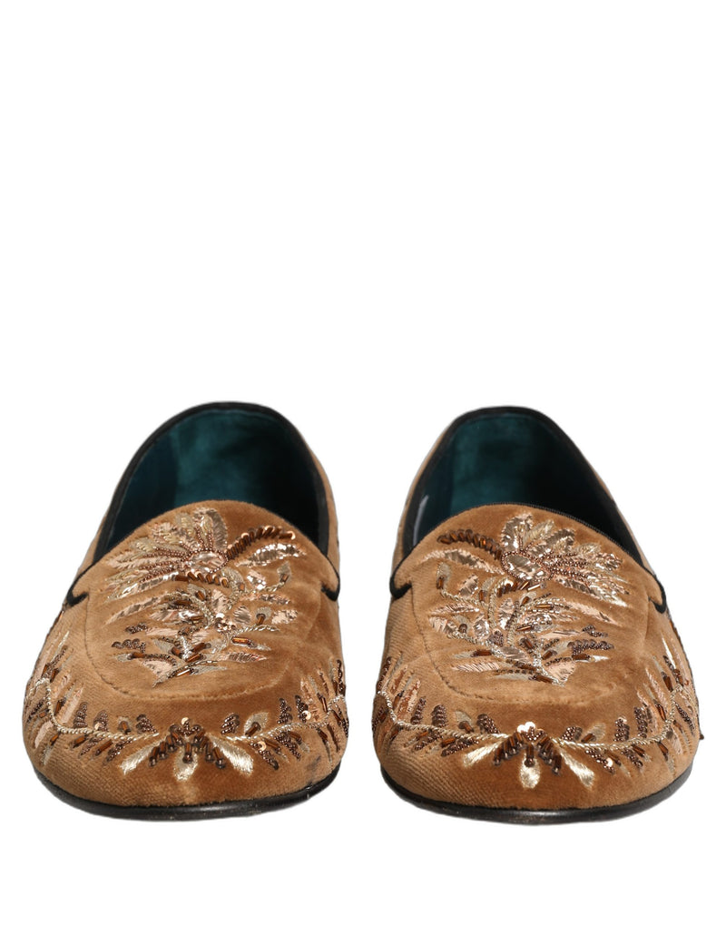 Dolce & Gabbana Brown Velvet Floral Embroidery Loafers