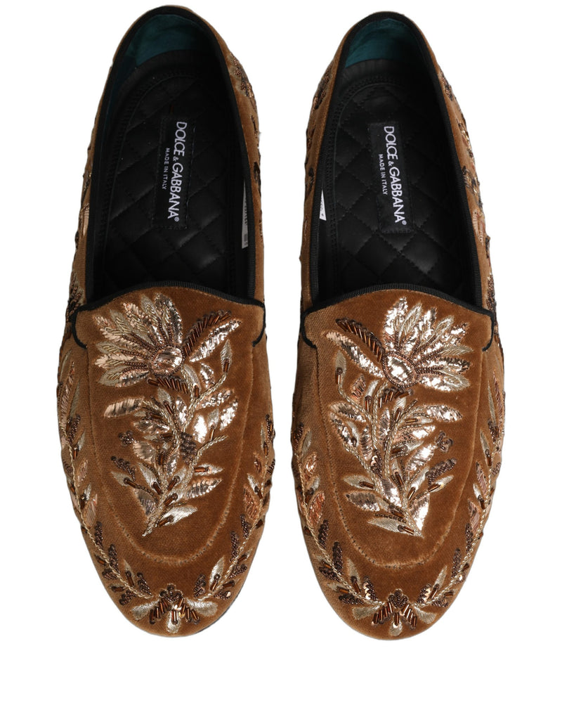 Dolce & Gabbana Brown Velvet Floral Embroidery Loafers