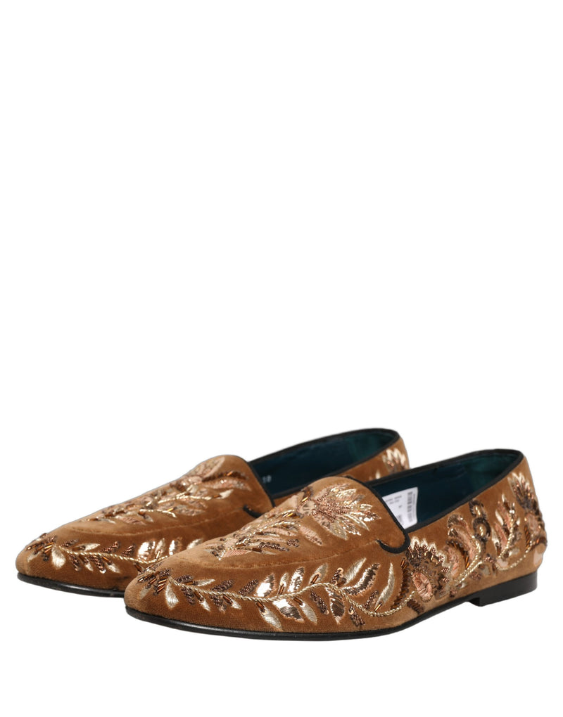 Dolce & Gabbana Brown Velvet Floral Embroidery Loafers