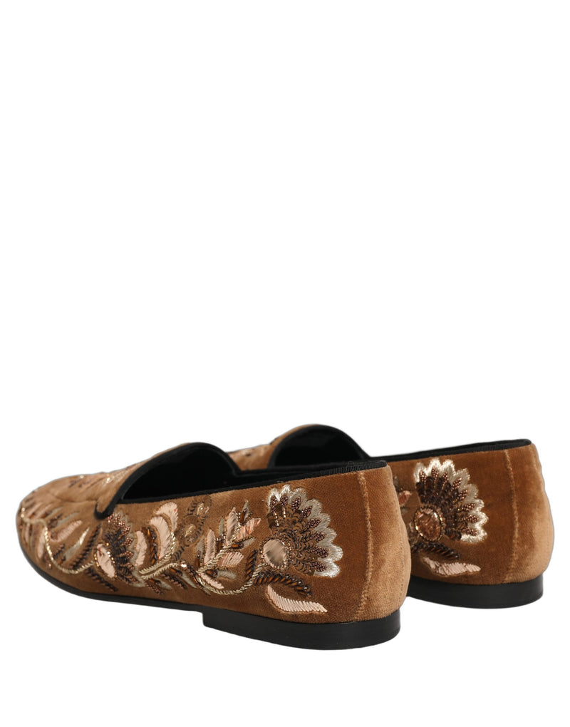 Dolce & Gabbana Brown Velvet Floral Embroidery Loafers