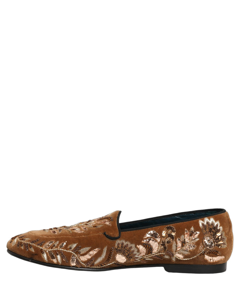 Dolce & Gabbana Brown Velvet Floral Embroidery Loafers