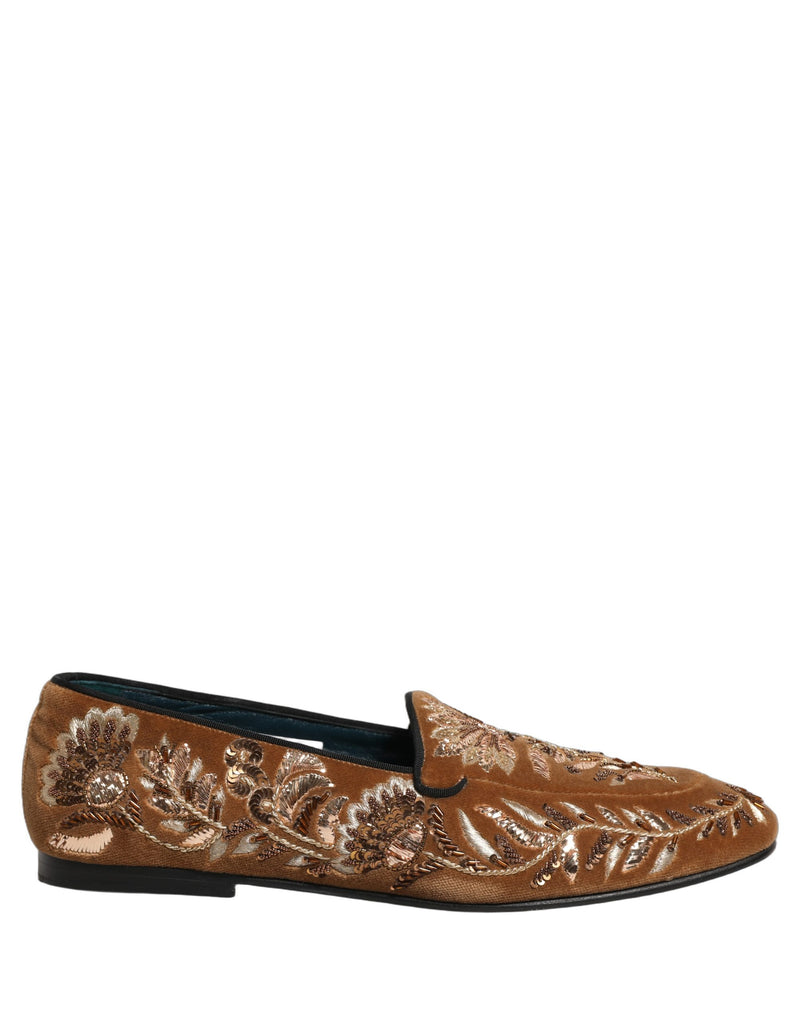 Dolce & Gabbana Brown Velvet Floral Embroidery Loafers
