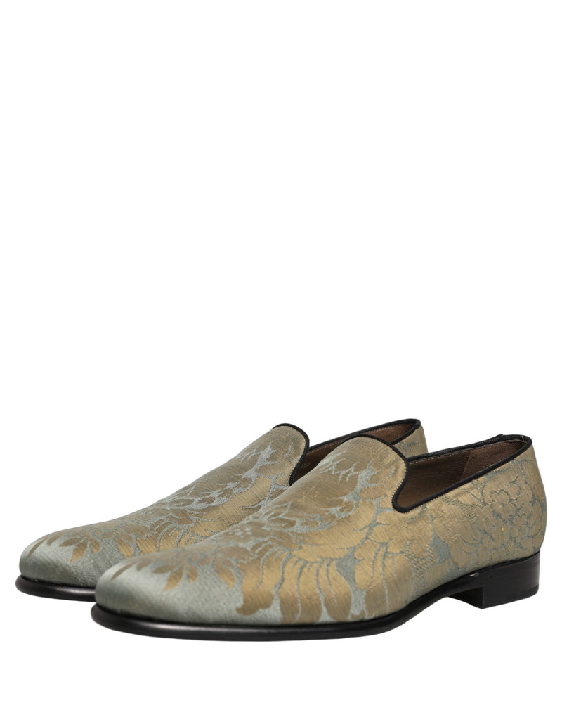 Dolce & Gabbana Gold Floral Jacquard Slip On Loafers Shoes