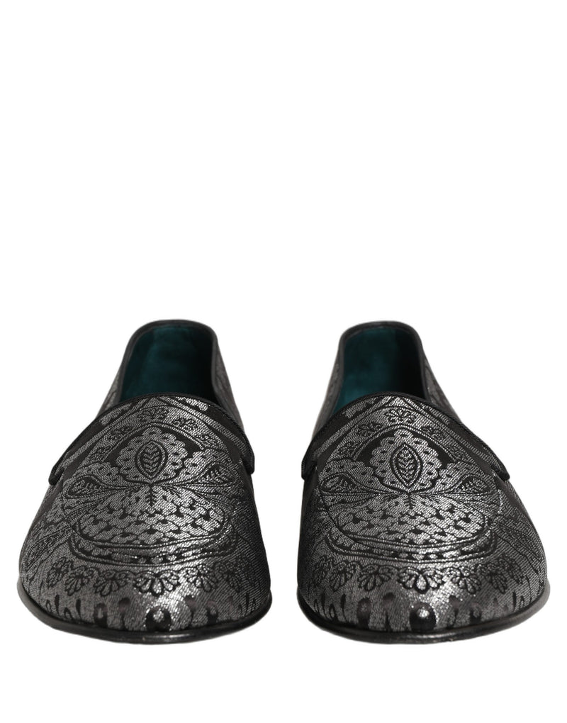 Dolce & Gabbana Silver Jacquard Leather Slip-On Loafers