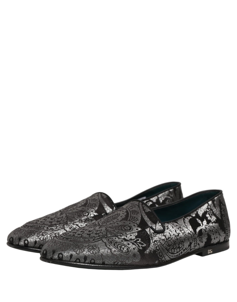 Dolce & Gabbana Silver Jacquard Leather Slip-On Loafers