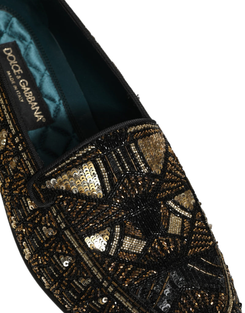Dolce & Gabbana Black Gold Embellished Slip-On Loafers