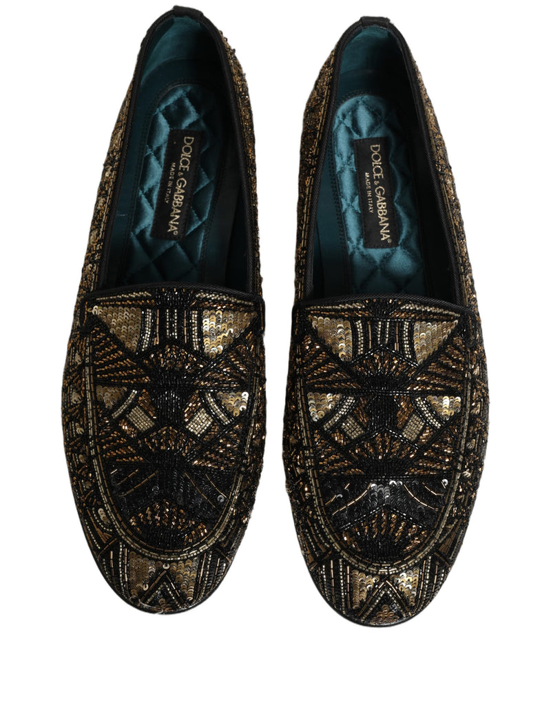 Dolce & Gabbana Black Gold Embellished Slip-On Loafers