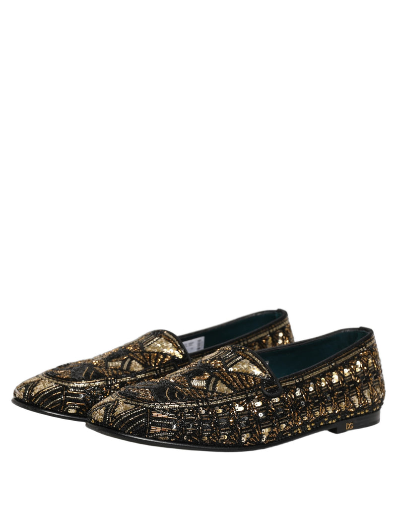Dolce & Gabbana Black Gold Embellished Slip-On Loafers