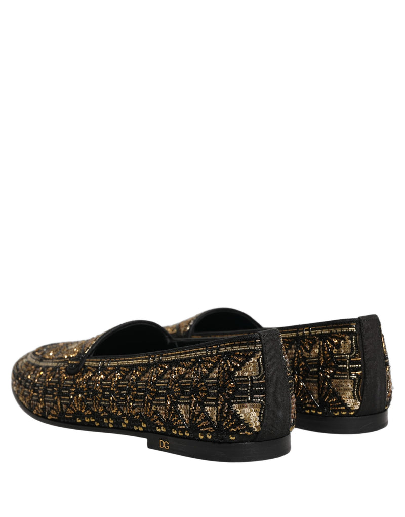 Dolce & Gabbana Black Gold Embellished Slip-On Loafers