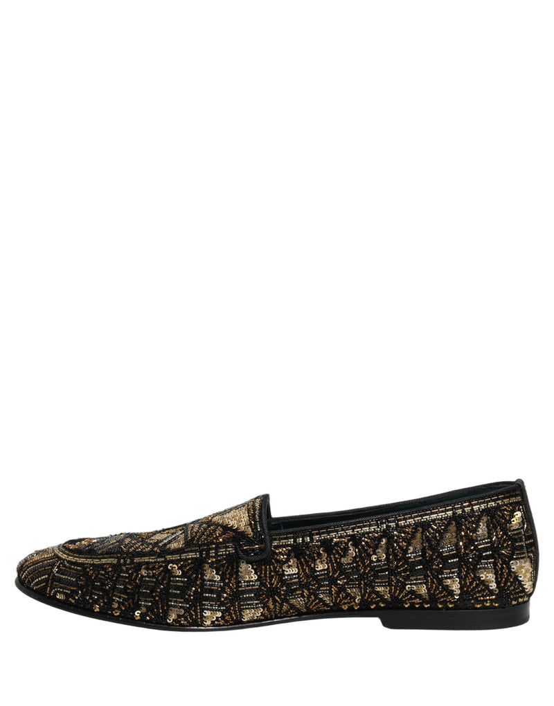 Dolce & Gabbana Black Gold Embellished Slip-On Loafers