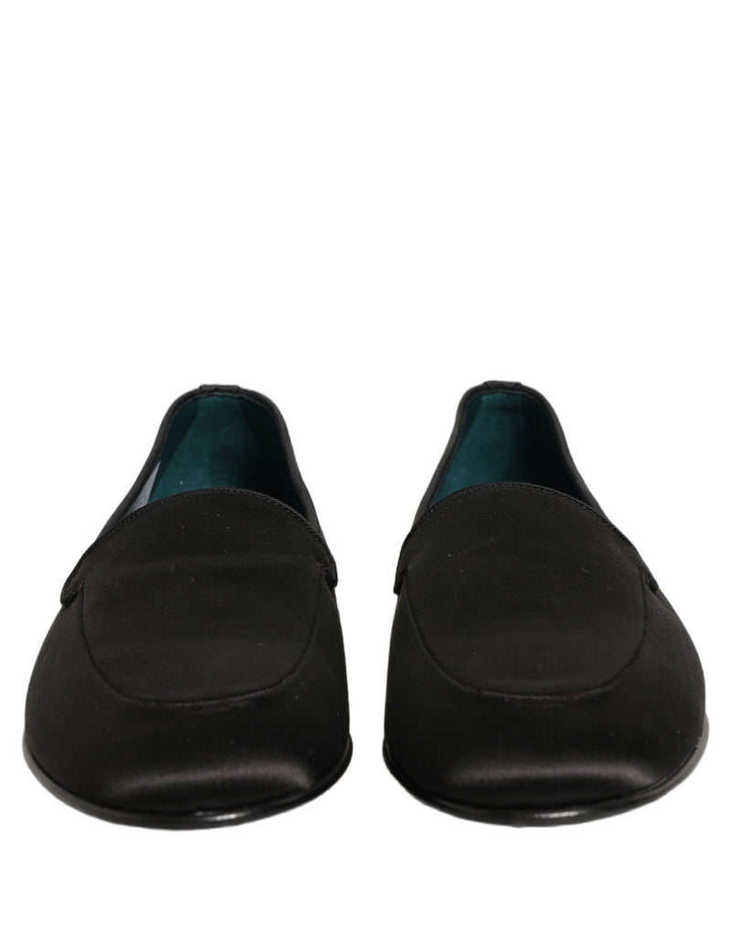 Dolce & Gabbana Black Satin Logo Slip-On Loafers Shoes