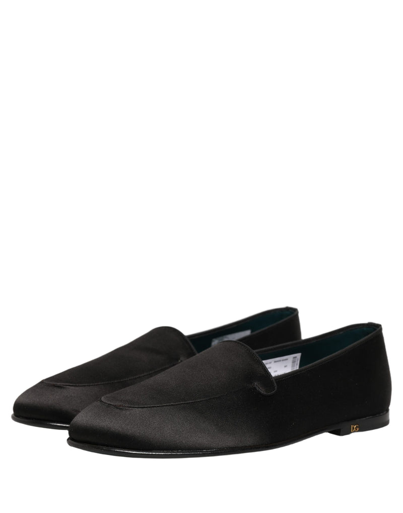 Dolce & Gabbana Black Satin Logo Slip-On Loafers Shoes