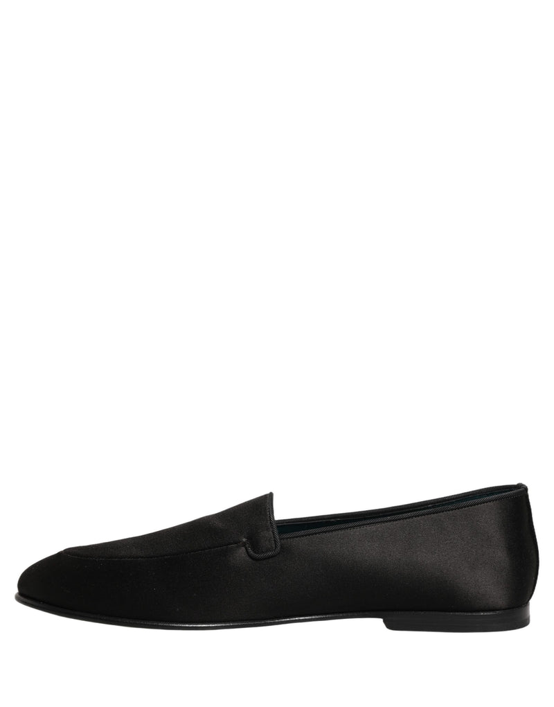 Dolce & Gabbana Black Satin Logo Slip-On Loafers Shoes