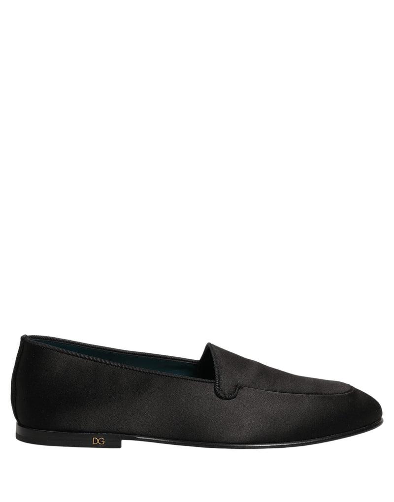 Dolce & Gabbana Black Satin Logo Slip-On Loafers Shoes