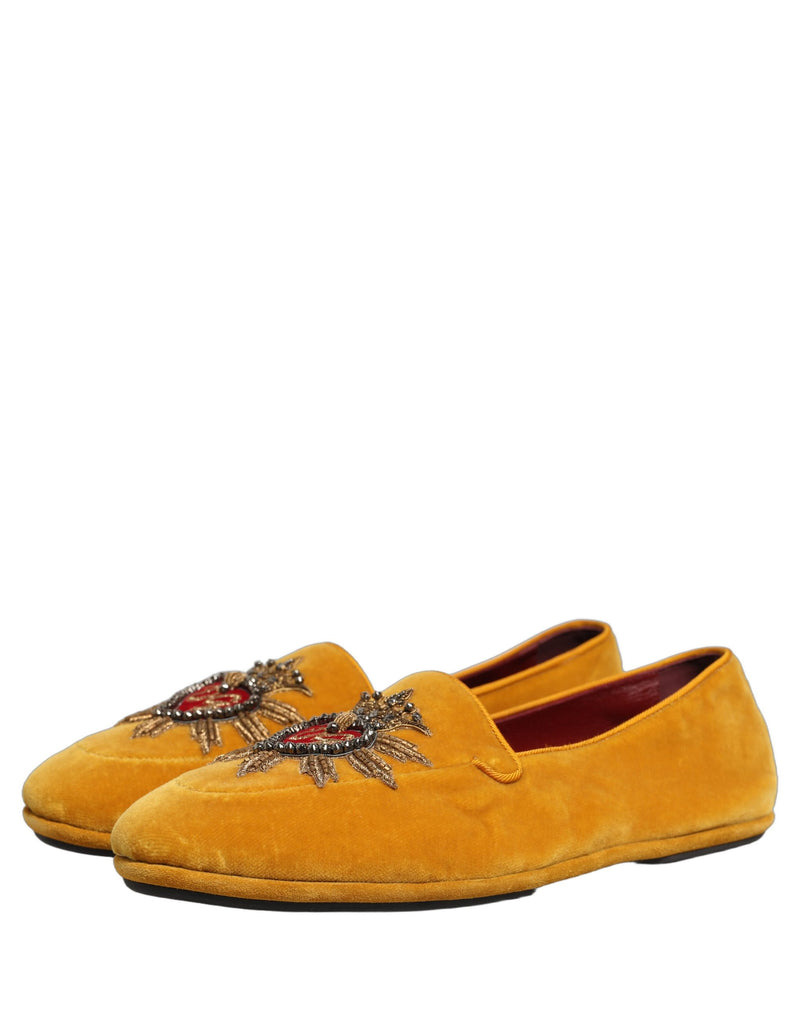Dolce & Gabbana Yellow Velvet DG Heart Loafers Flats Shoes