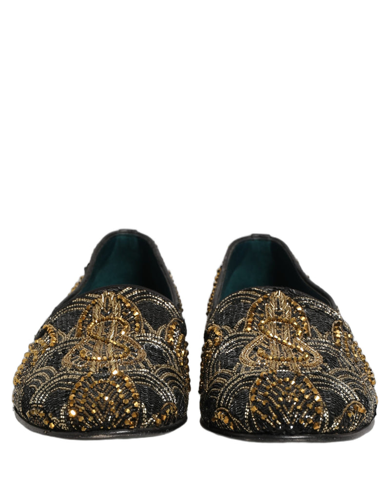 Dolce & Gabbana Black Gold Embellished Dress Loafers