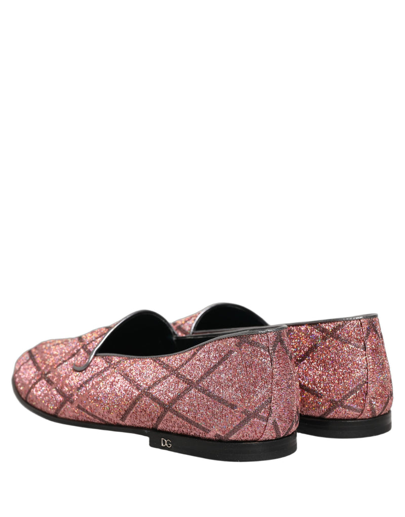 Dolce & Gabbana Pink Check Glitter Lurex Logo Loafers
