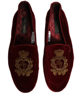 Dolce & Gabbana Maroon Velvet Crown Embroidery Loafers Shoes