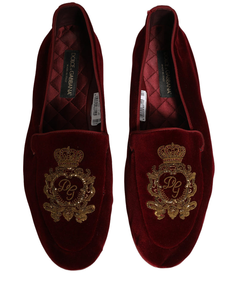 Dolce & Gabbana Maroon Velvet Crown Embroidery Loafers Shoes