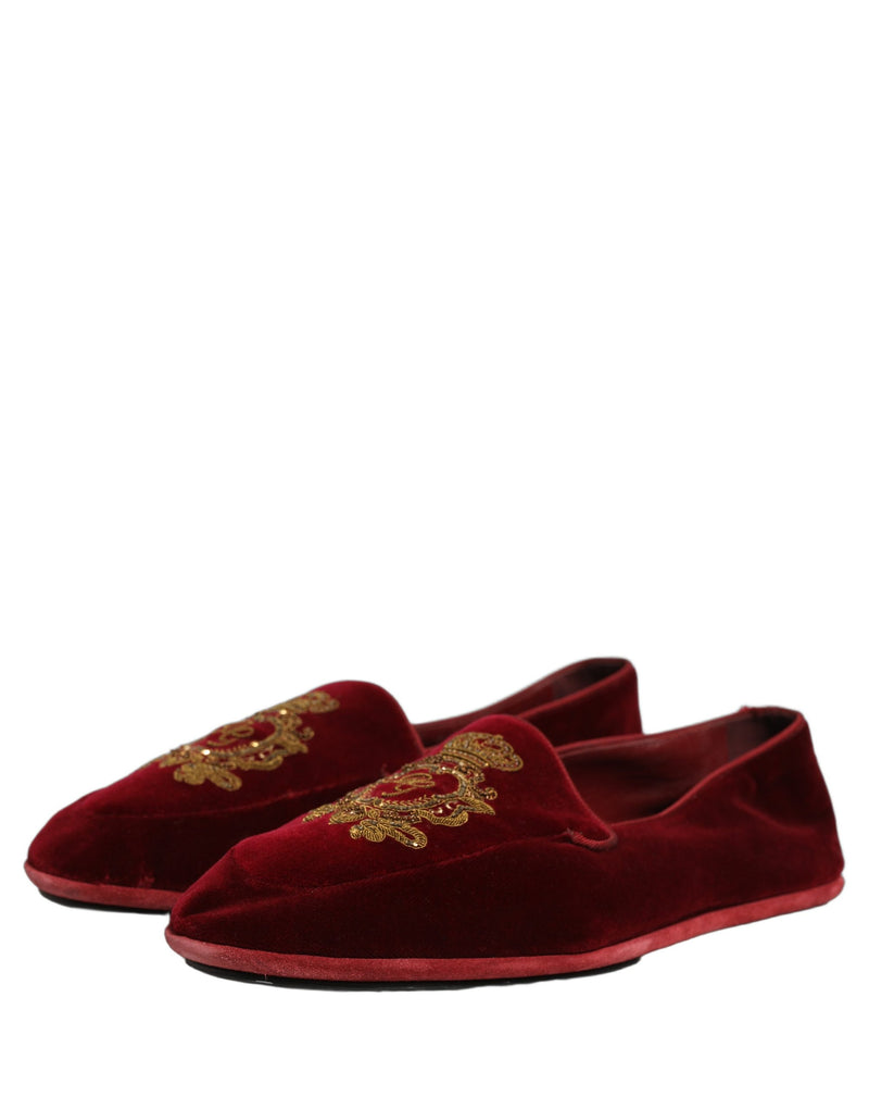 Dolce & Gabbana Maroon Velvet Crown Embroidery Loafers Shoes