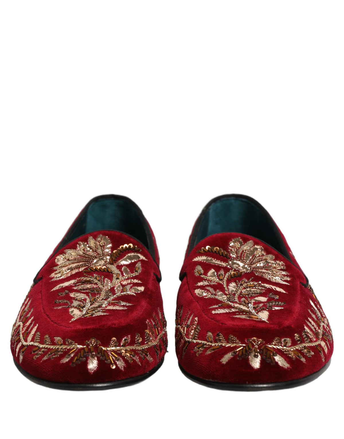 Dolce & Gabbana Red Velvet Floral Embroidery Loafers Shoes