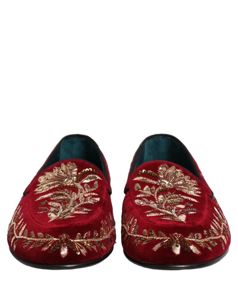 Dolce & Gabbana Red Velvet Floral Embroidery Loafers Shoes
