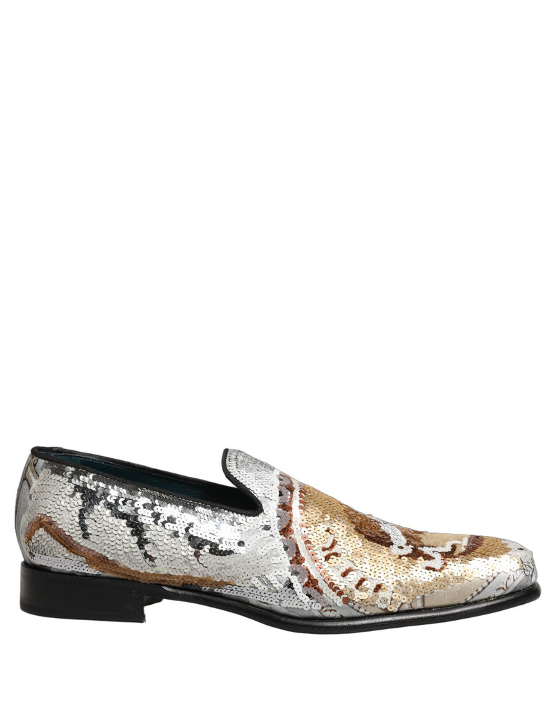 Dolce & Gabbana White Gold Sequined Slip-On Loafers
