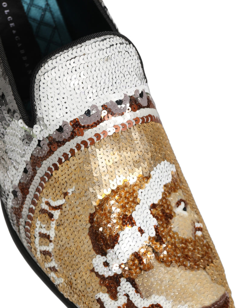 Dolce & Gabbana White Gold Sequined Slip-On Loafers