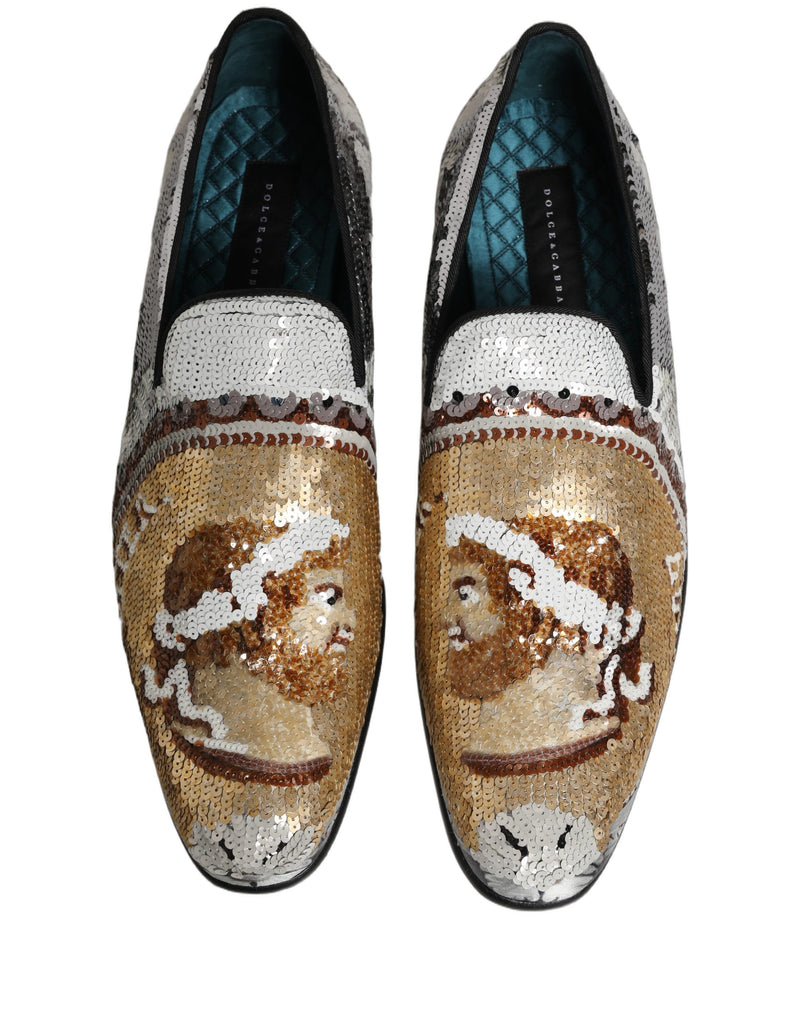Dolce & Gabbana White Gold Sequined Slip-On Loafers