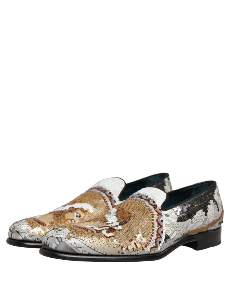 Dolce & Gabbana White Gold Sequined Slip-On Loafers