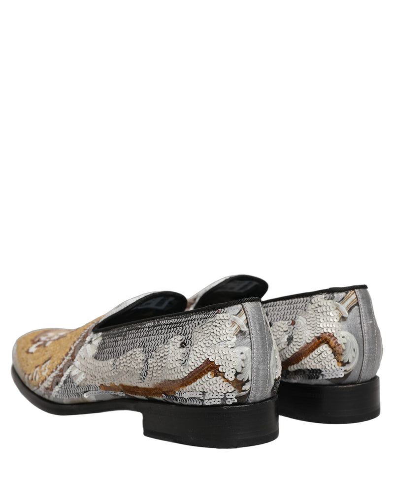 Dolce & Gabbana White Gold Sequined Slip-On Loafers