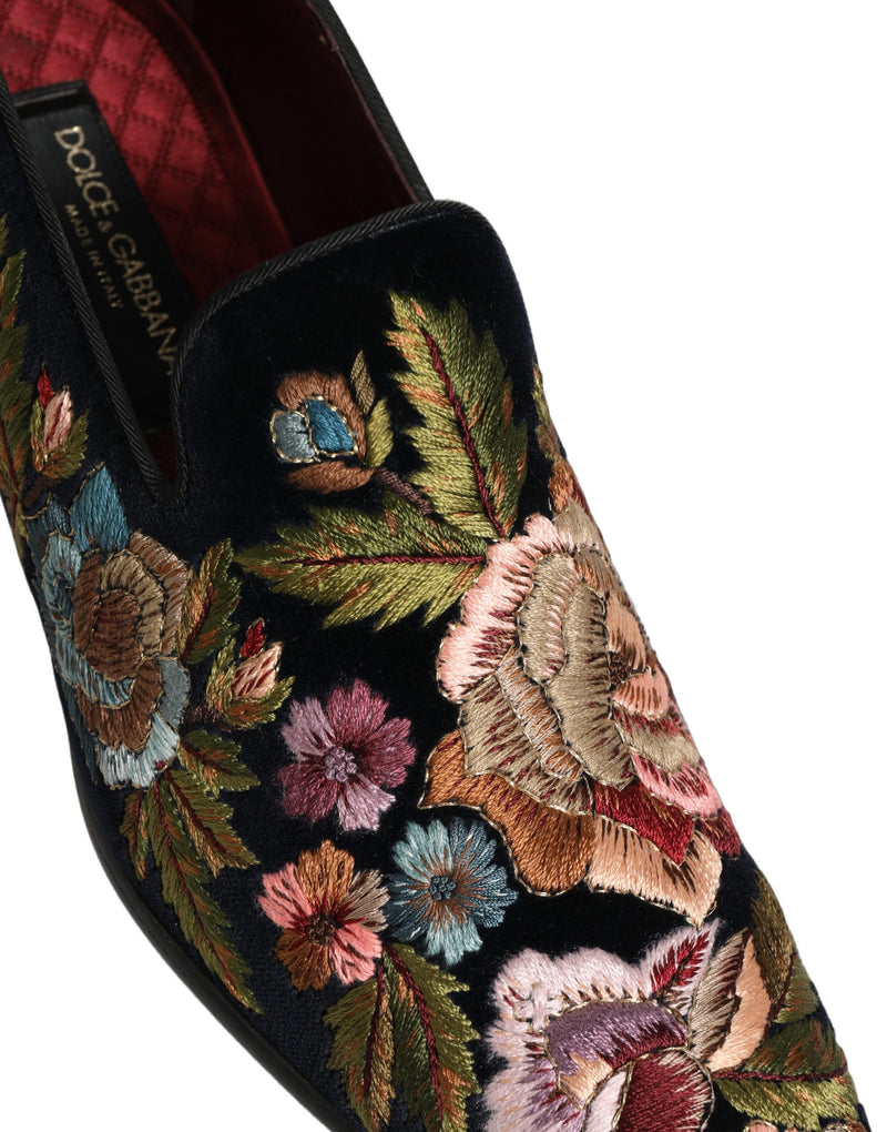 Dolce & Gabbana Black Velvet Floral Embroidery Loafers