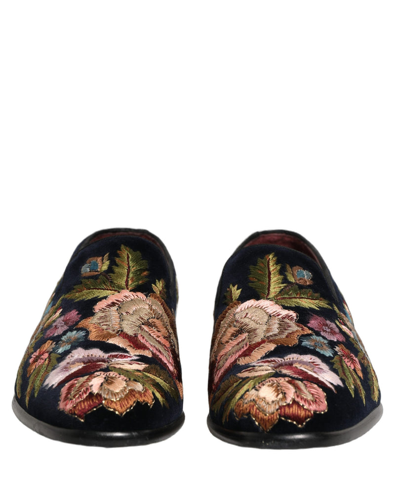 Dolce & Gabbana Black Velvet Floral Embroidery Loafers