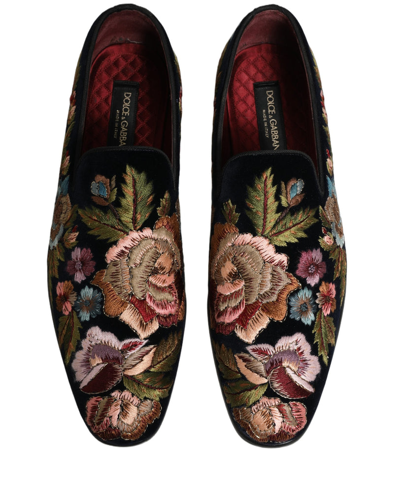 Dolce & Gabbana Black Velvet Floral Embroidery Loafers