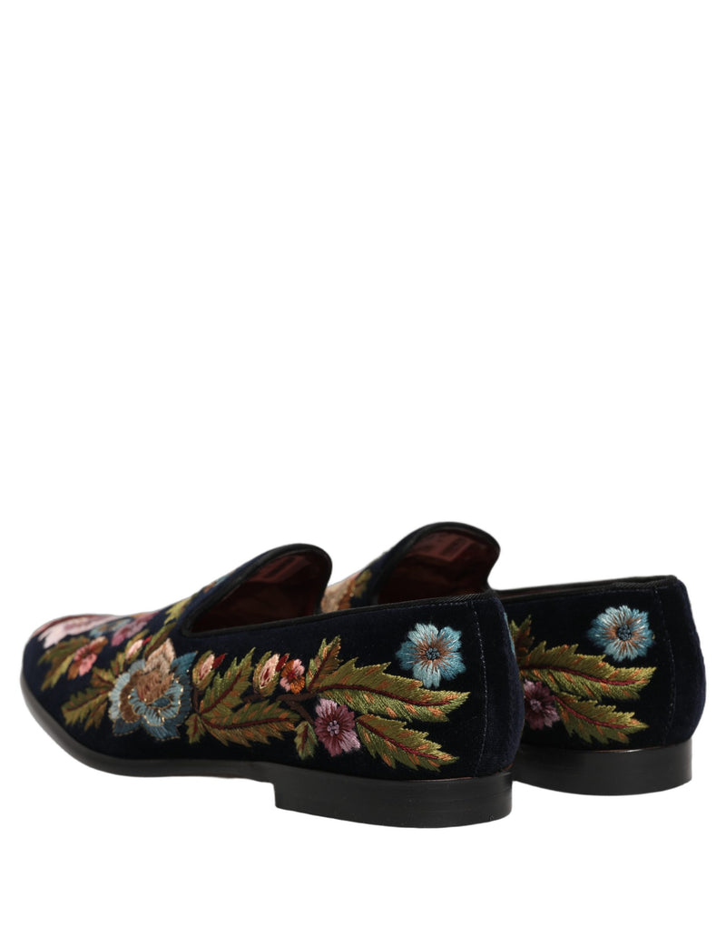 Dolce & Gabbana Black Velvet Floral Embroidery Loafers