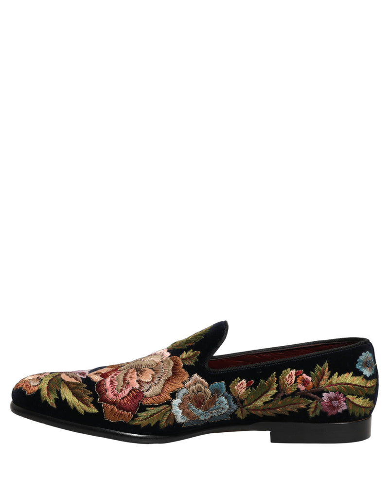Dolce & Gabbana Black Velvet Floral Embroidery Loafers