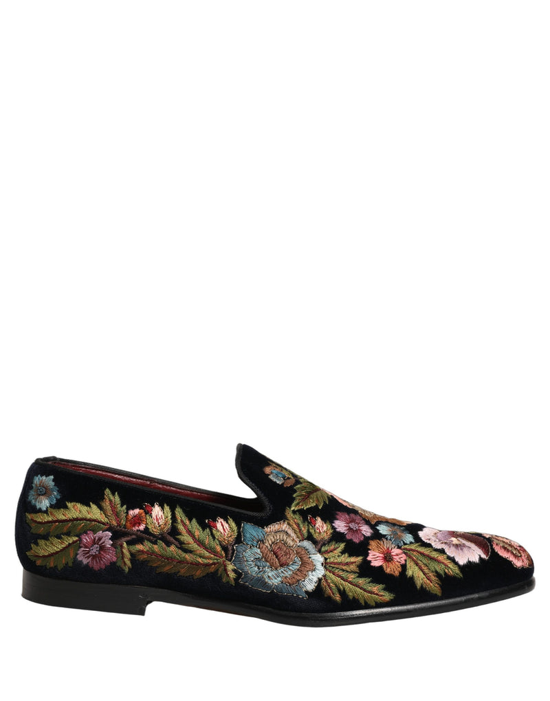 Dolce & Gabbana Black Velvet Floral Embroidery Loafers
