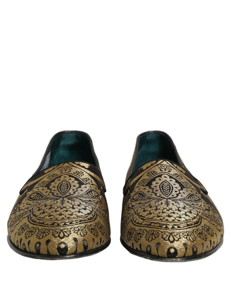 Dolce & Gabbana Gold Jacquard Leather Slip-On Loafers