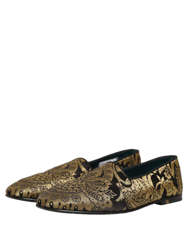 Dolce & Gabbana Gold Jacquard Leather Slip-On Loafers