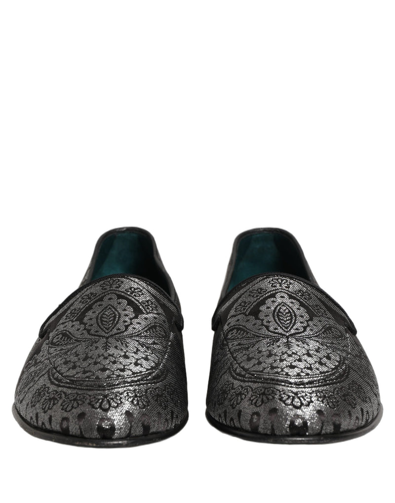 Dolce & Gabbana Silver Jacquard Leather Slip-On Loafers