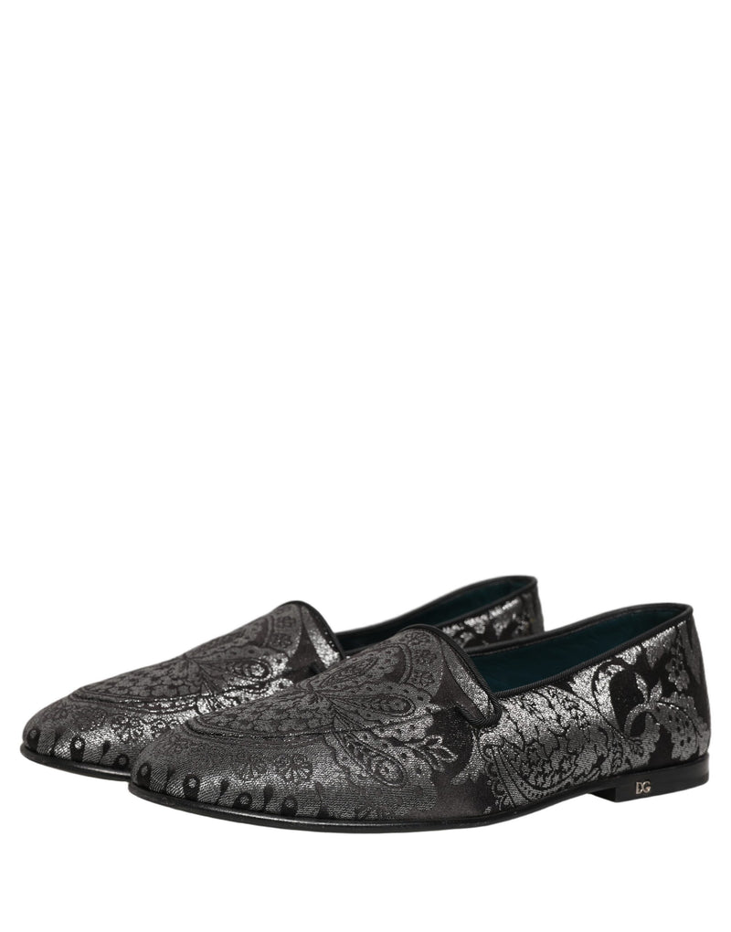 Dolce & Gabbana Silver Jacquard Leather Slip-On Loafers
