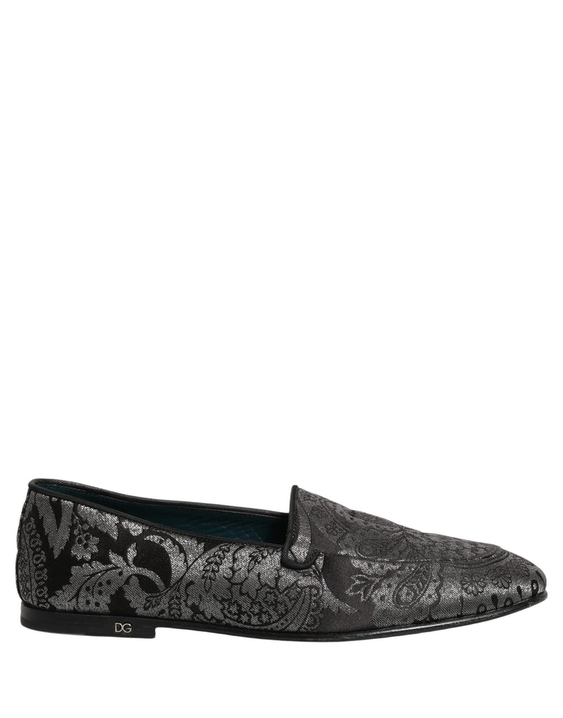 Dolce & Gabbana Silver Jacquard Leather Slip-On Loafers
