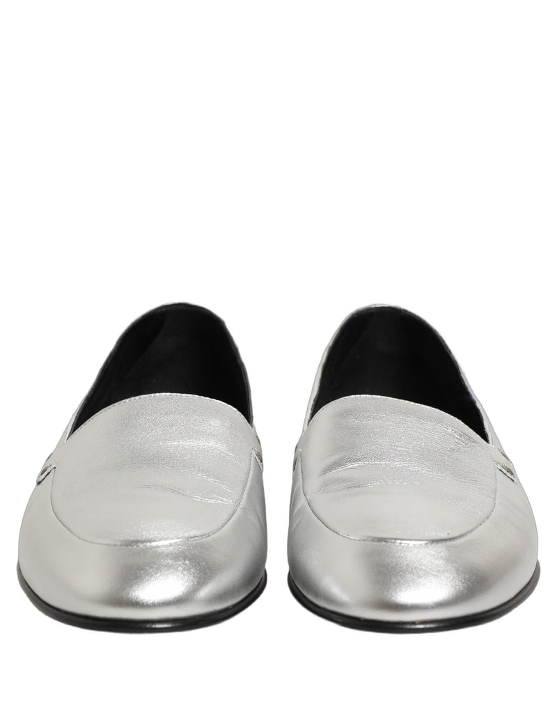 Dolce & Gabbana Silver Leather DG Logo Slip On Loafers Shoes