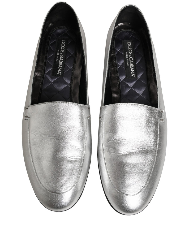 Dolce & Gabbana Silver Leather DG Logo Slip On Loafers Shoes