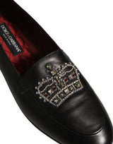 Dolce & Gabbana Black Leather Crown Embellished Loafers