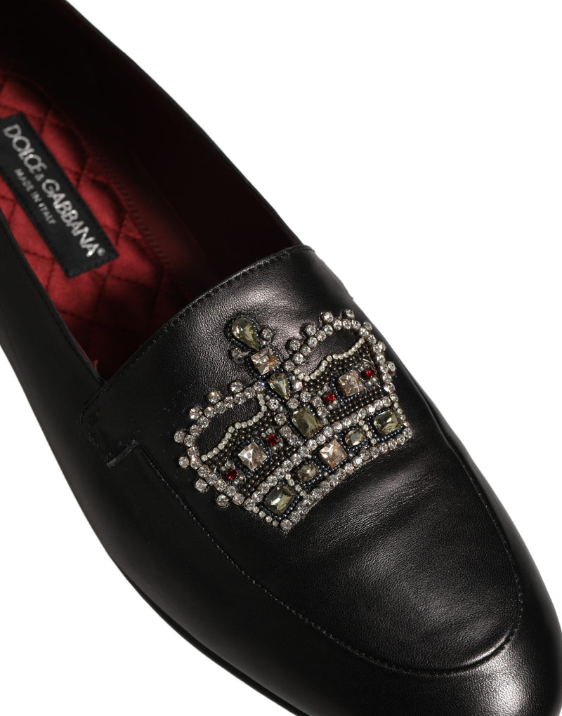 Dolce & Gabbana Black Leather Crown Embellished Loafers