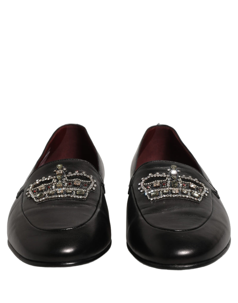 Dolce & Gabbana Black Leather Crown Embellished Loafers