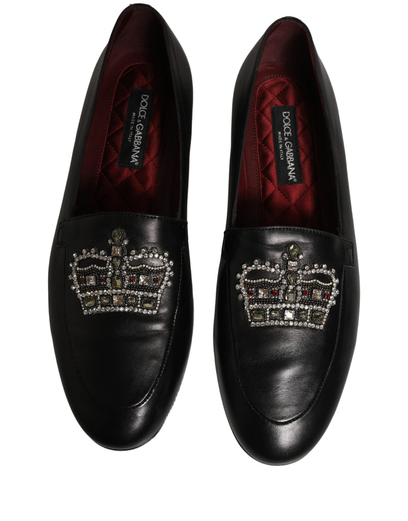 Dolce & Gabbana Black Leather Crown Embellished Loafers